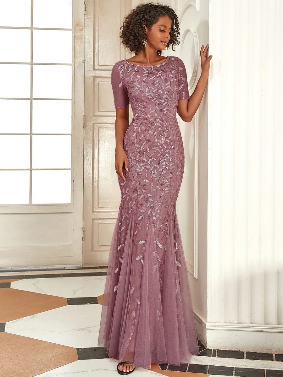 Floral Sequin Maxi Fishtail Tulle Prom Dress with Half Sleeve #Color_Purple Orchid