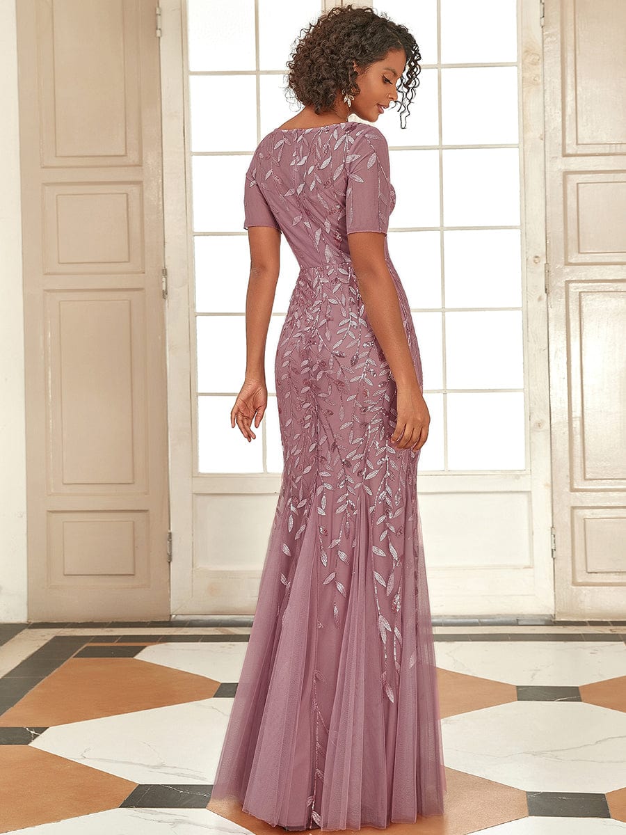 Floral Sequin Maxi Fishtail Tulle Prom Dress with Half Sleeve #Color_Purple Orchid