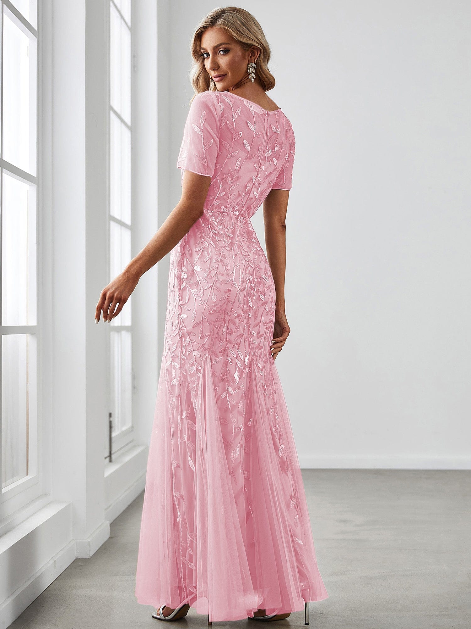 Custom Size Floral Sequin Maxi Fishtail Tulle Prom Dress #color_Pink