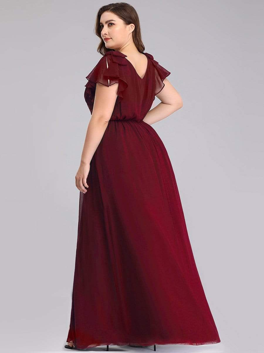 Plus Size Ruched Bodice Formal Evening Dresses with Ruffles Sleeves #color_Burgundy 