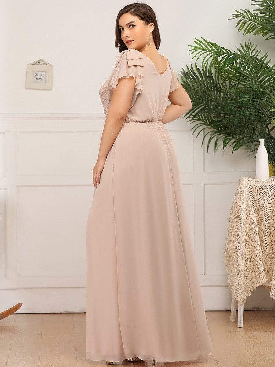 Elegant Pleated Bodice Ruffles Sleeves Chiffon Evening Dress #color_Blush 