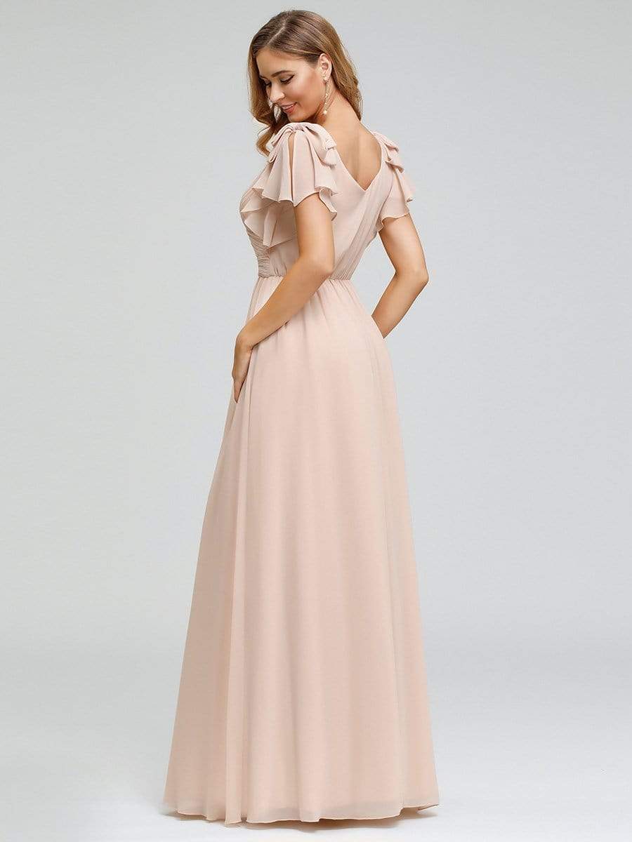 Elegant Pleated Bodice Ruffles Sleeves Chiffon Evening Dress #color_Blush 