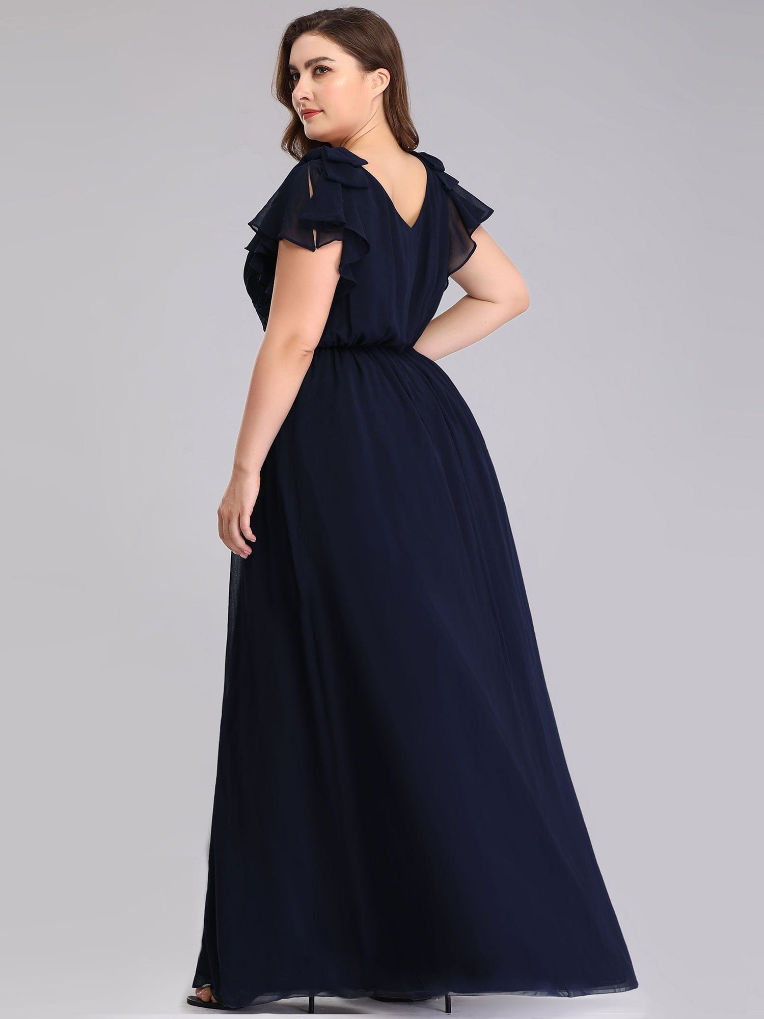 Custom Size Elegant Pleated Ruffles Sleeves Chiffon Evening Dress #color_Navy Blue