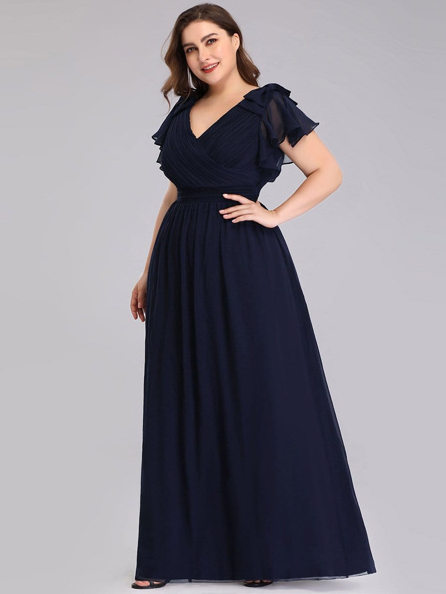 Plus Size Ruched Bodice Formal Evening Dresses with Ruffles Sleeves #color_Navy Blue 