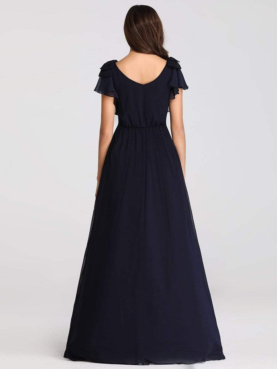 Elegant Pleated Bodice Ruffles Sleeves Chiffon Evening Dress #color_Navy Blue 
