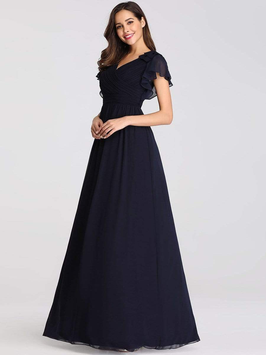 Elegant Pleated Bodice Ruffles Sleeves Chiffon Evening Dress #color_Navy Blue 
