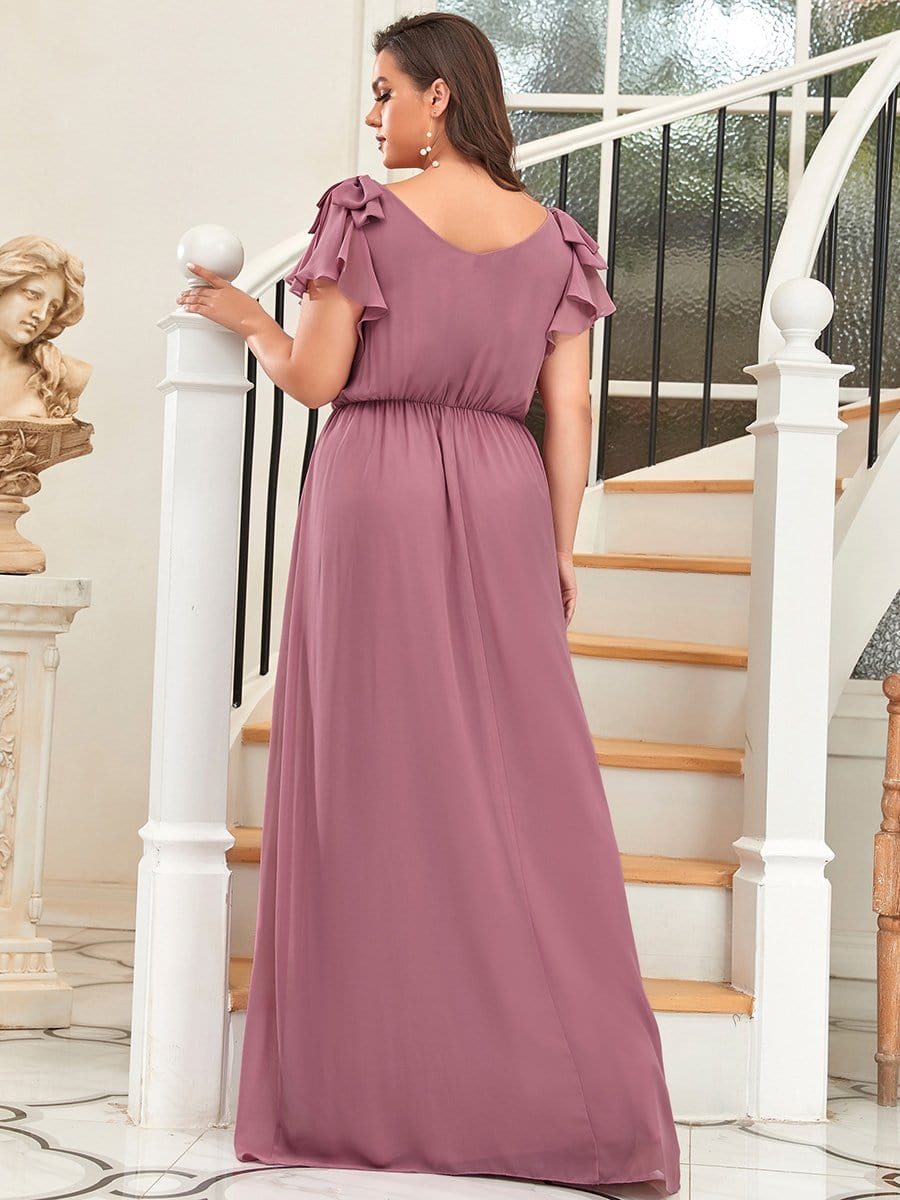 Elegant Pleated Bodice Ruffles Sleeves Chiffon Evening Dress #color_Purple Orchid 