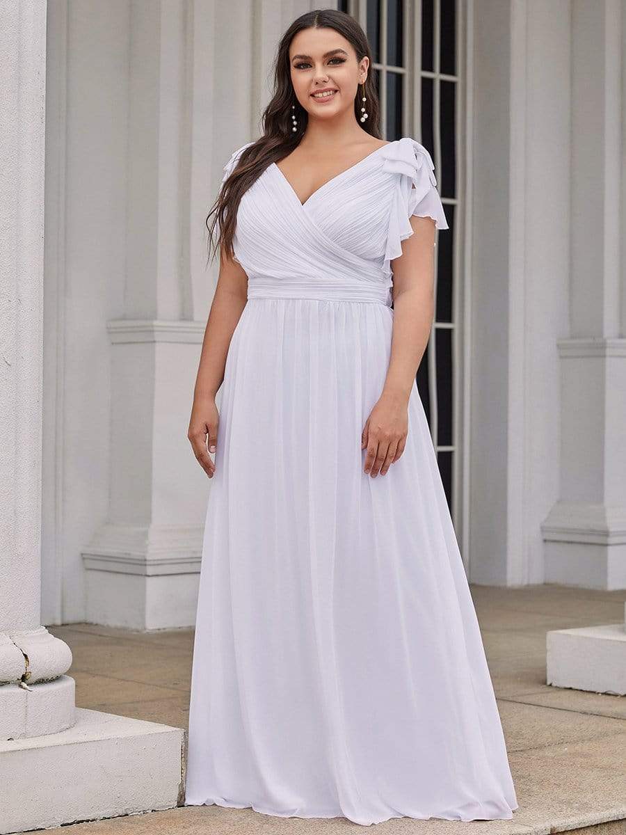 Elegant Pleated Bodice Ruffles Sleeves Chiffon Evening Dress #color_White 