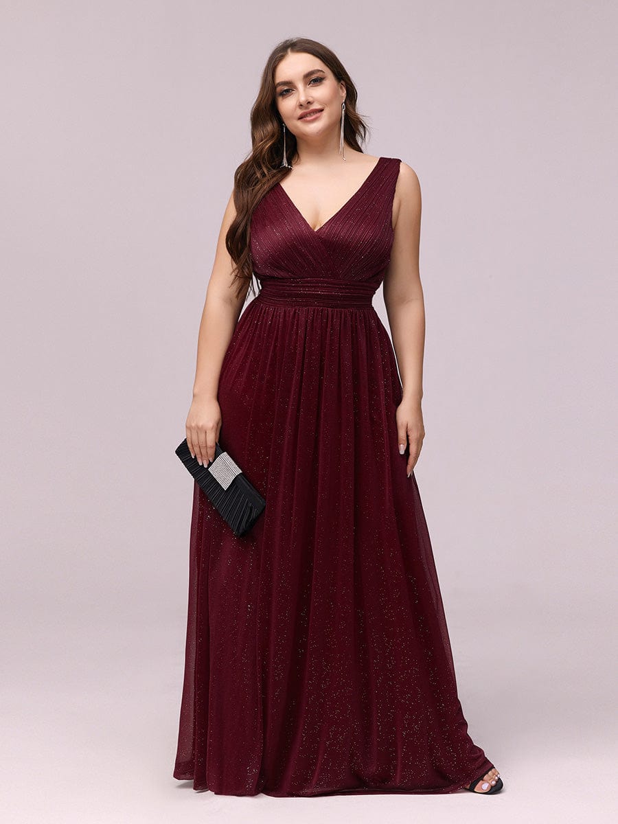 Double V Neck Maxi Long Plus Size Sparkly Evening Dresses for Party #color_Burgundy 