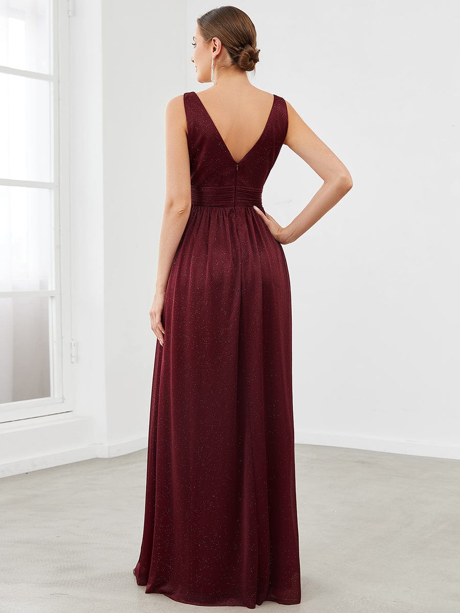 Double V Neck Floor Length Sparkly Evening Dresses for Party #color_Burgundy