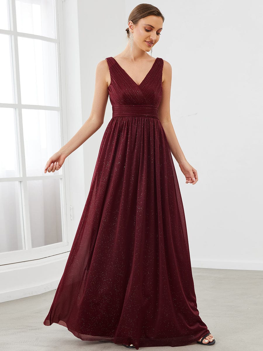 Double V Neck Floor Length Sparkly Evening Dresses for Party #color_Burgundy