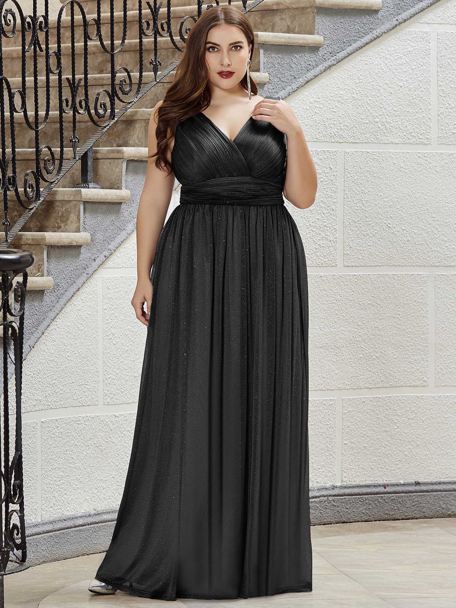 Custom Size Double V Neck Floor Length Sparkly Evening Dresses for Party #color_Black