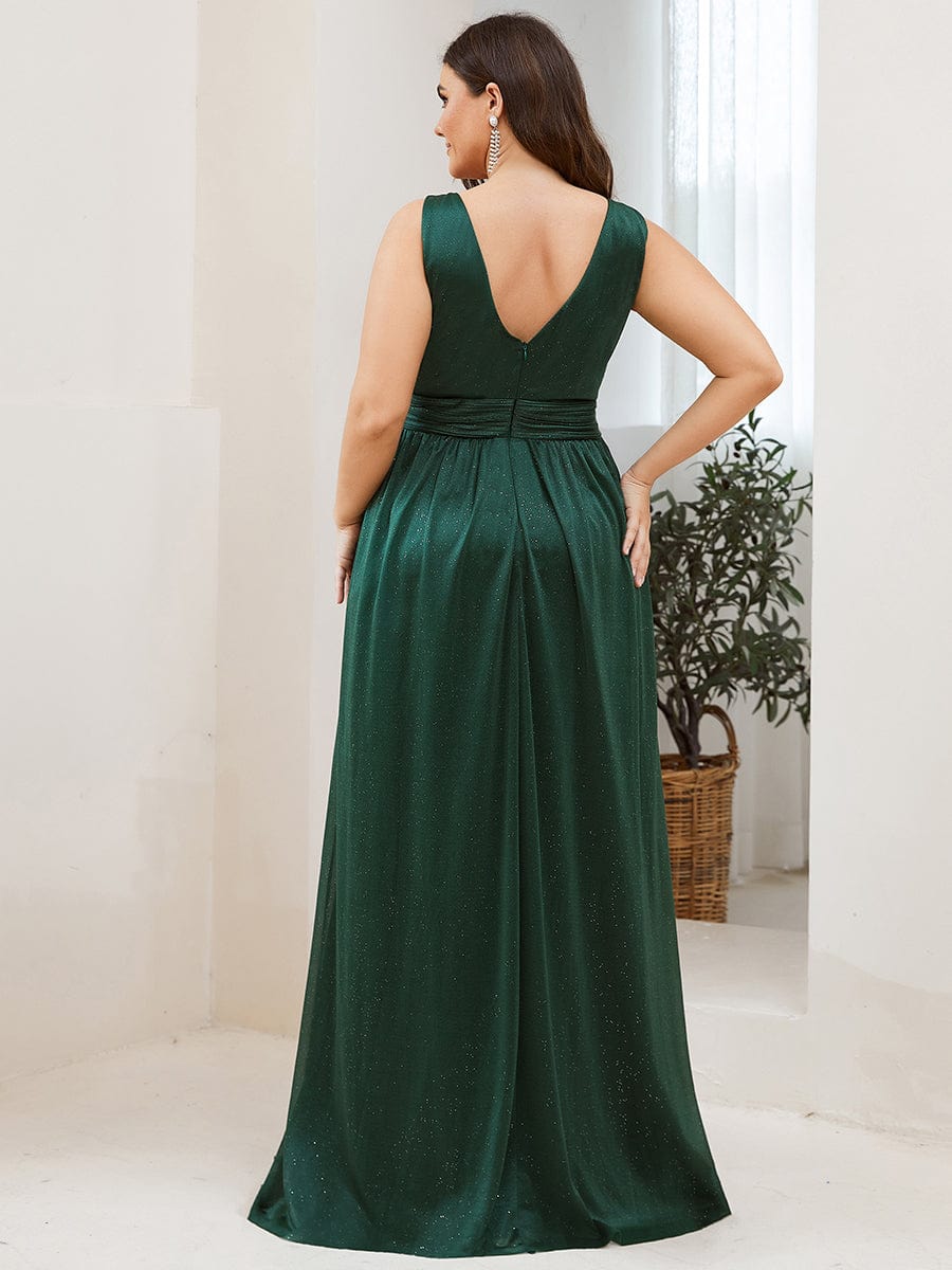 Double V Neck Floor Length Sparkly Evening Dresses for Party #color_Dark Green