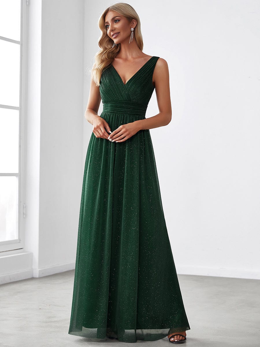 Double V Neck Floor Length Sparkly Evening Dresses for Party #color_Dark Green