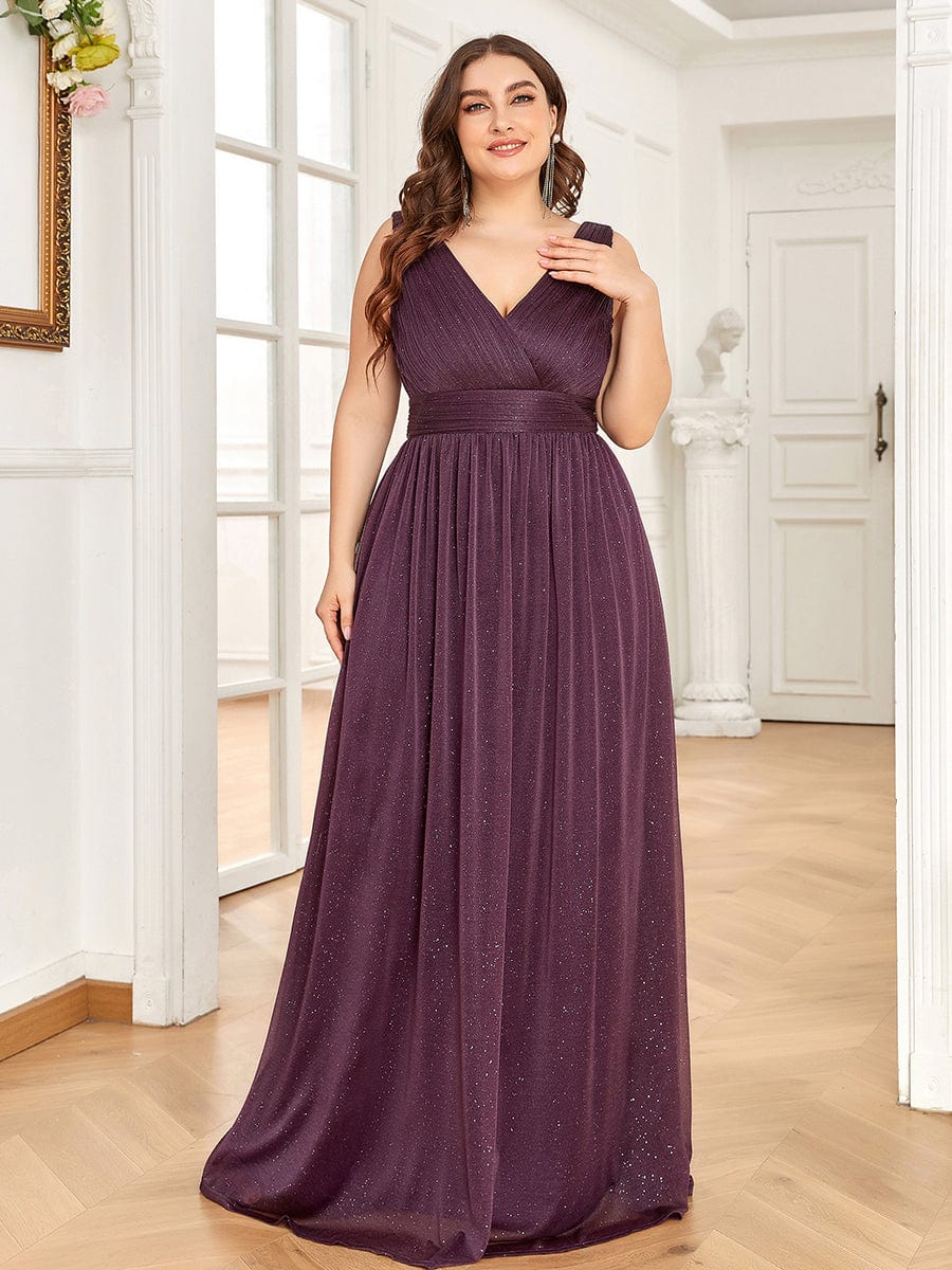 Double V Neck Maxi Long Plus Size Sparkly Evening Dresses for Party #color_Dark Purple 