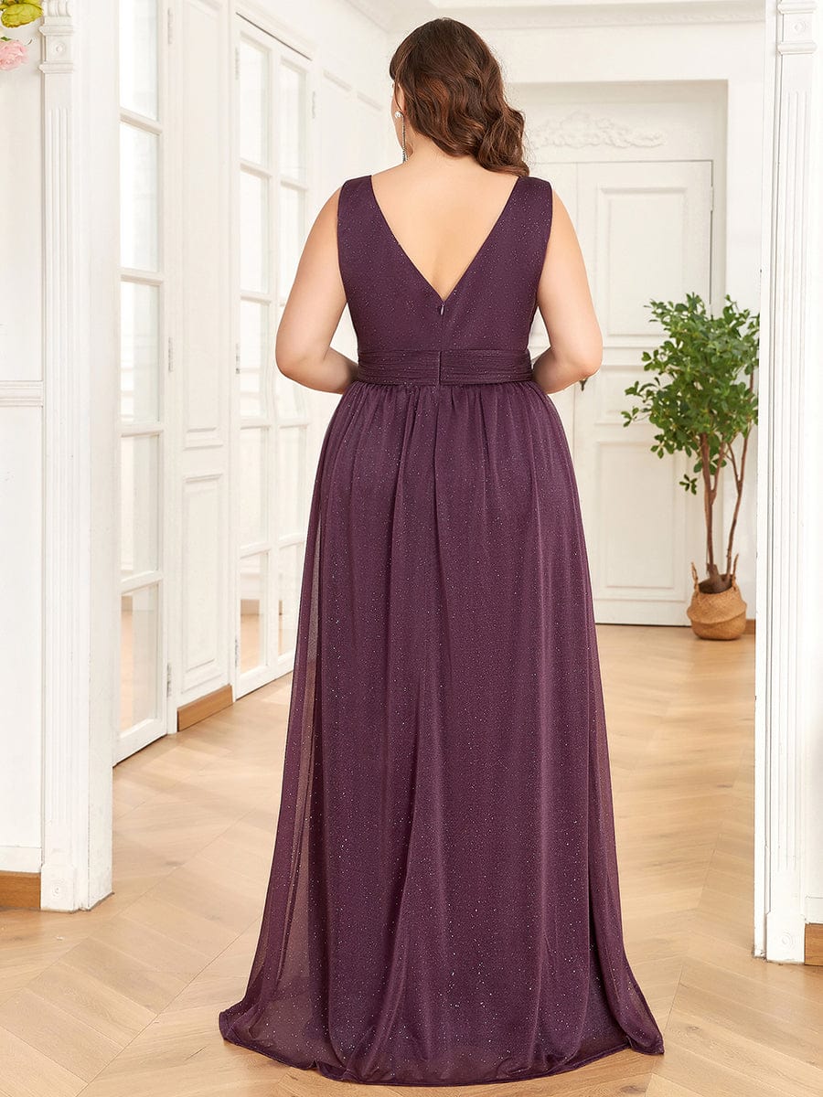 Double V Neck Maxi Long Plus Size Sparkly Evening Dresses for Party #color_Dark Purple 