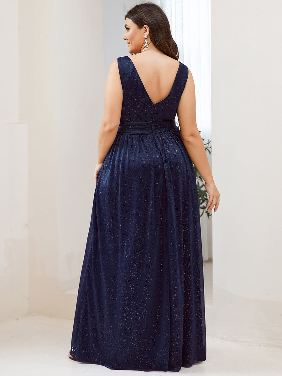 Custom Size Double V Neck Floor Length Sparkly Evening Dresses for Party #color_Navy Blue