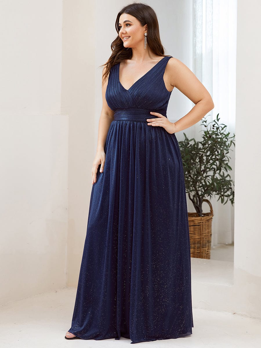 Double V Neck Floor Length Sparkly Evening Dresses for Party #color_Navy Blue