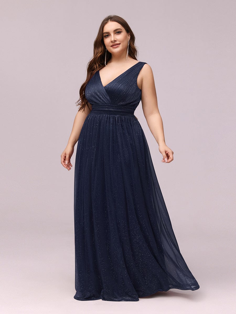 Double V Neck Maxi Long Plus Size Sparkly Evening Dresses for Party #color_Navy Blue 