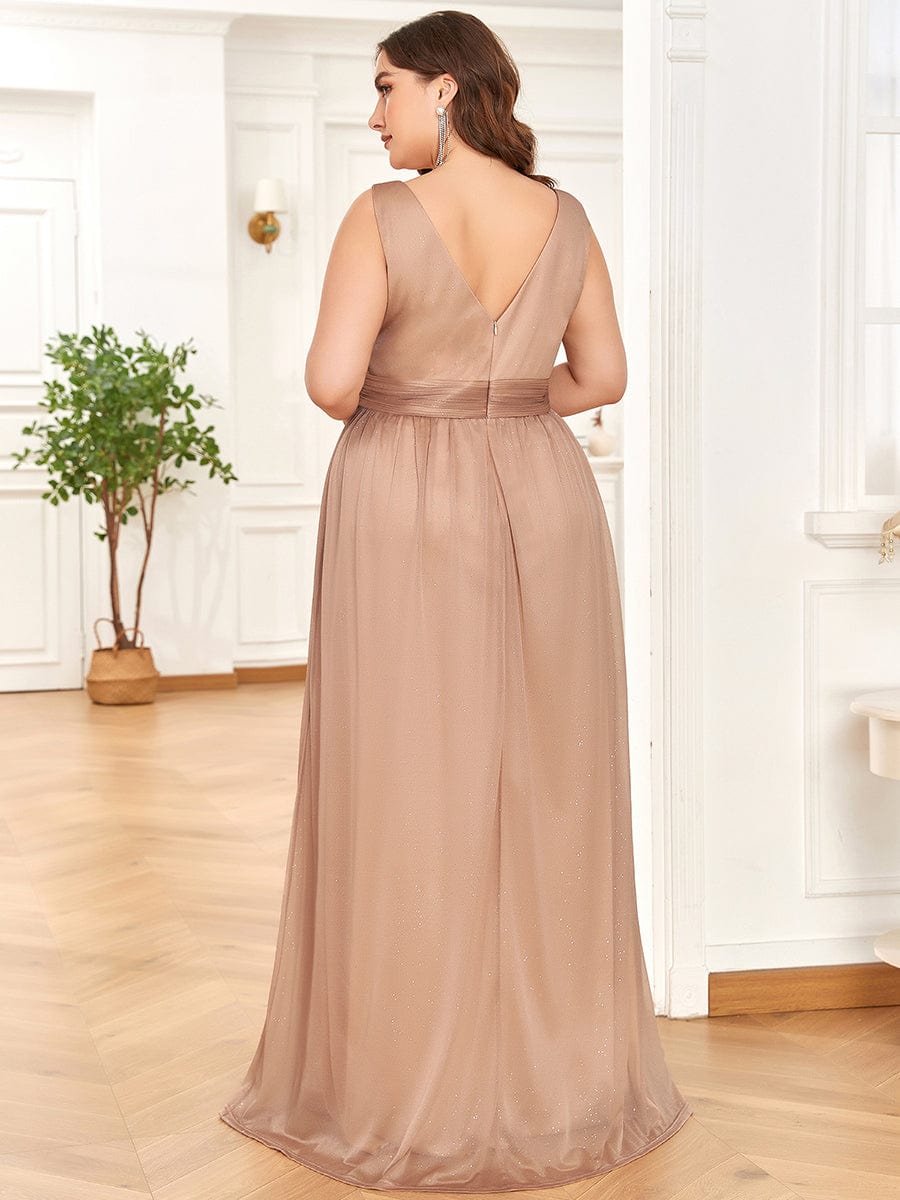 Double V Neck Maxi Long Plus Size Sparkly Evening Dresses for Party #color_Rose Gold 