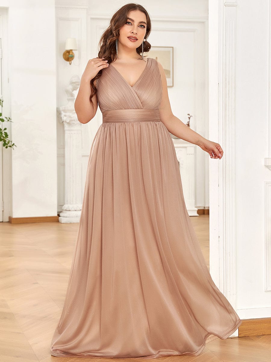 Double V Neck Maxi Long Plus Size Sparkly Evening Dresses for Party #color_Rose Gold 