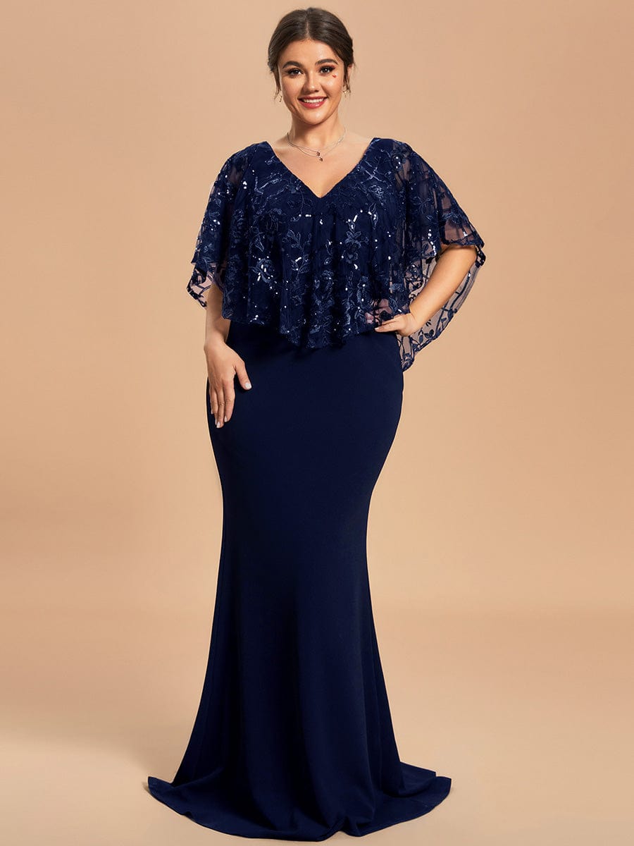 Plus Size Sequin Cape Short Sleeves Mermaid Formal Evening Dresses #color_Navy Blue