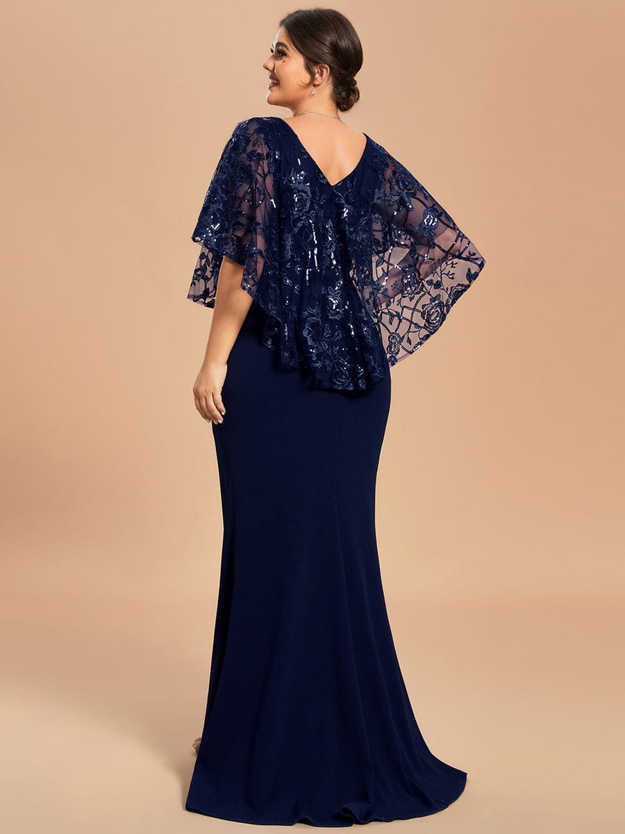 Plus Size Sequin Cape Short Sleeves Mermaid Formal Evening Dresses #color_Navy Blue