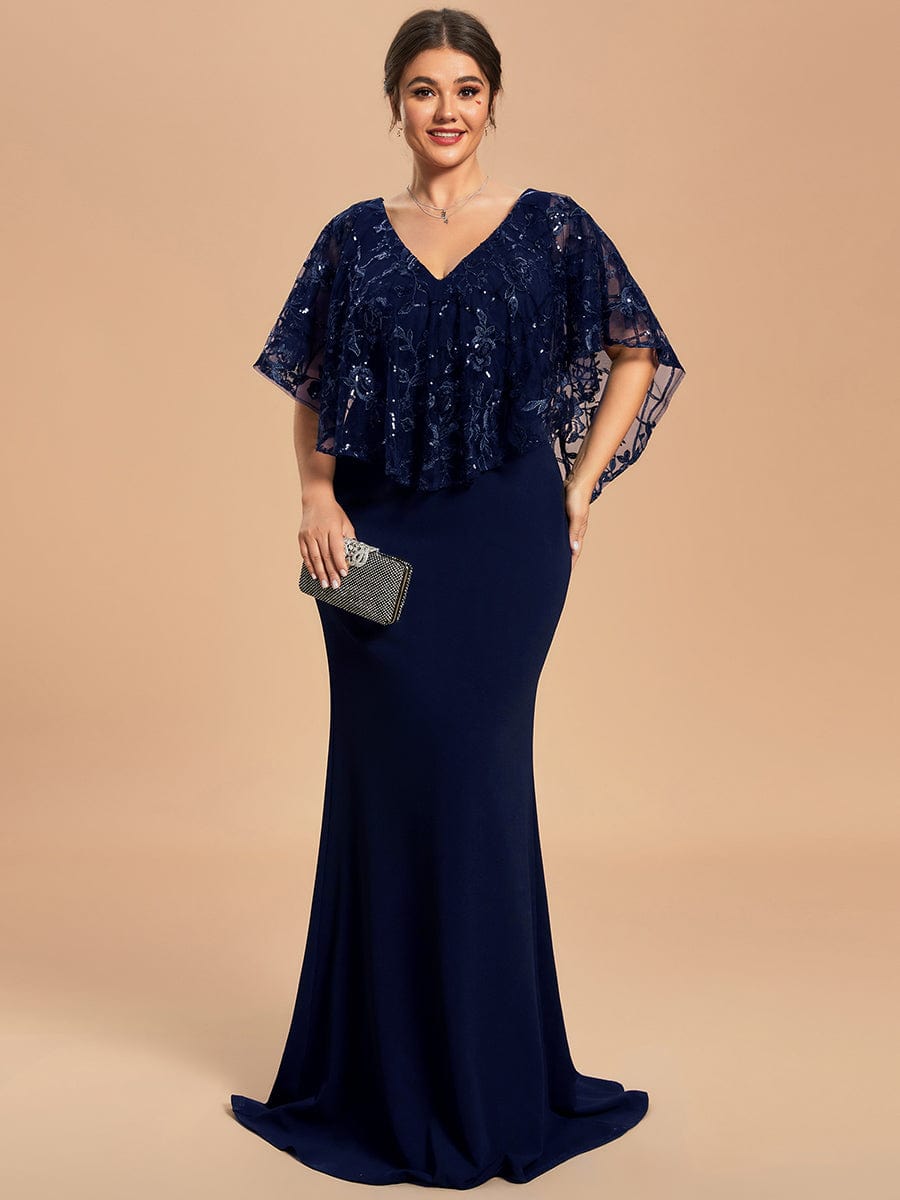 Plus Size Sequin Cape Short Sleeves Mermaid Formal Evening Dresses #color_Navy Blue