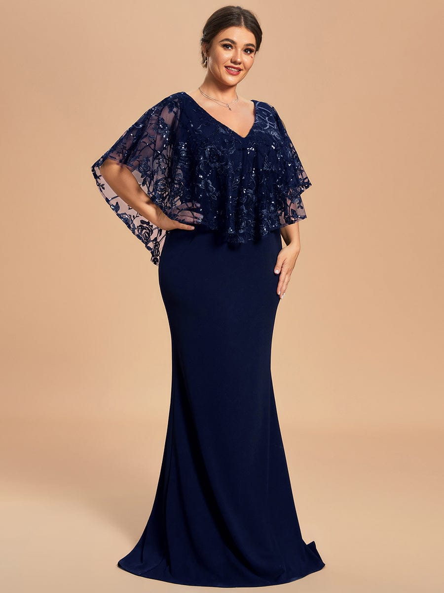 Plus Size Sequin Cape Short Sleeves Mermaid Formal Evening Dresses #color_Navy Blue