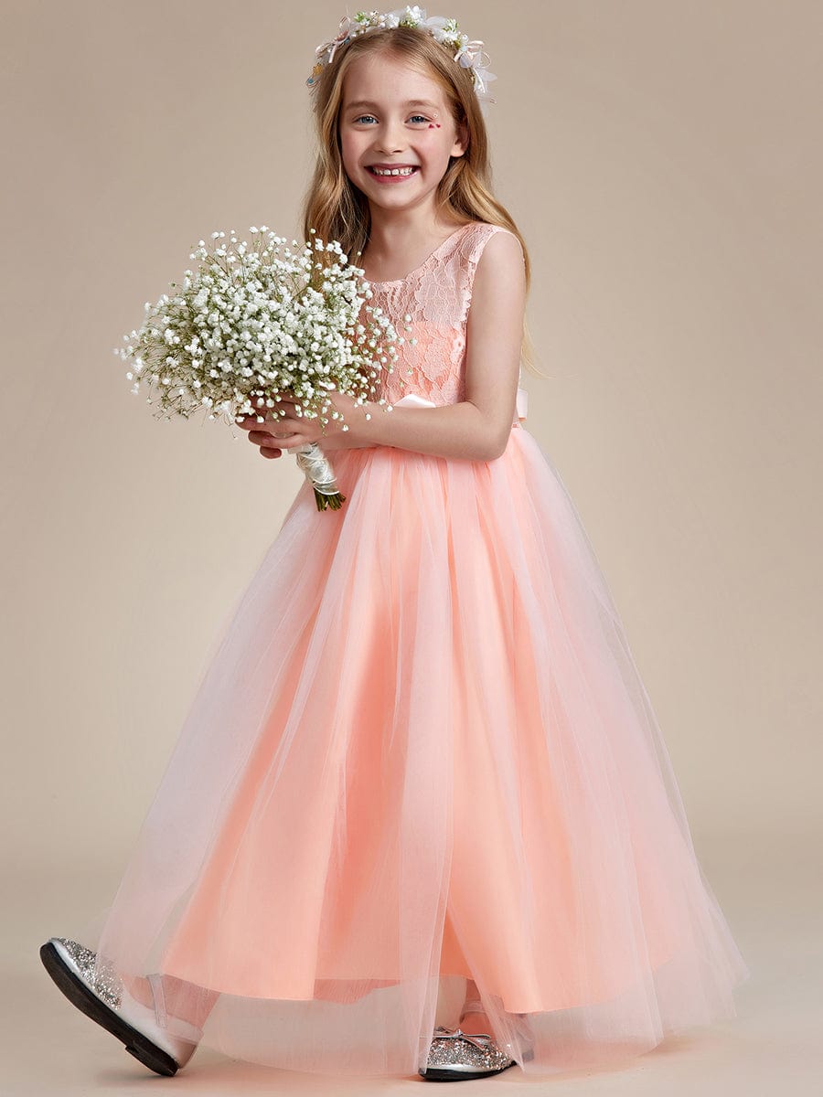 Princess Bow Sleeveless Lace Tulle Flower Girl Dress #color_Blush