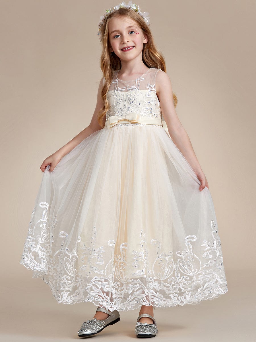 Gorgeous Applique Princess Dress for Flower Girl with Bowknot #color_Champagne