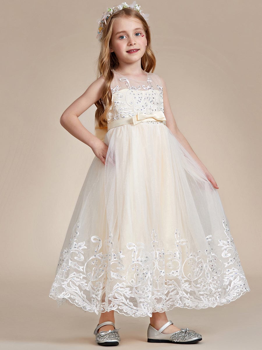 Gorgeous Applique Princess Dress for Flower Girl with Bowknot #color_Champagne