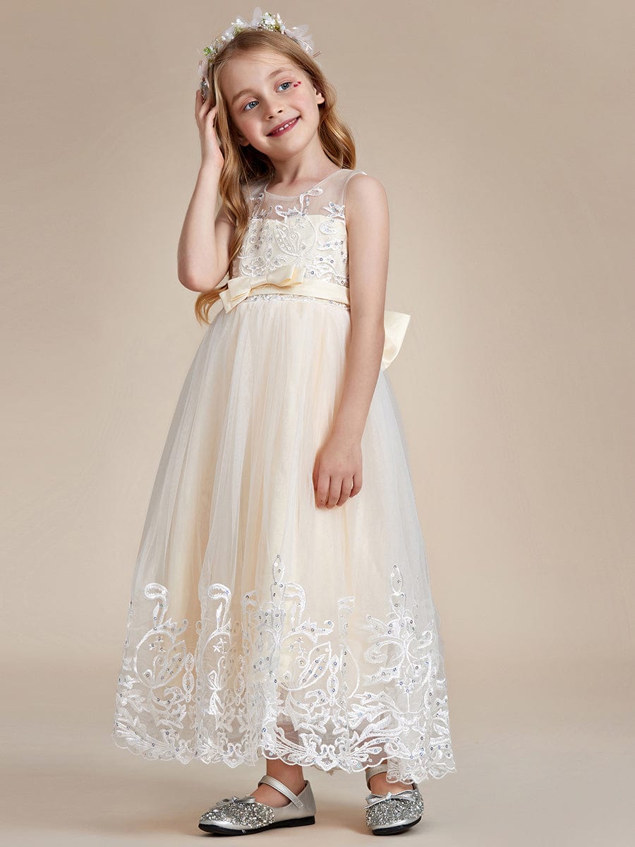 Gorgeous Applique Princess Dress for Flower Girl with Bowknot #color_Champagne