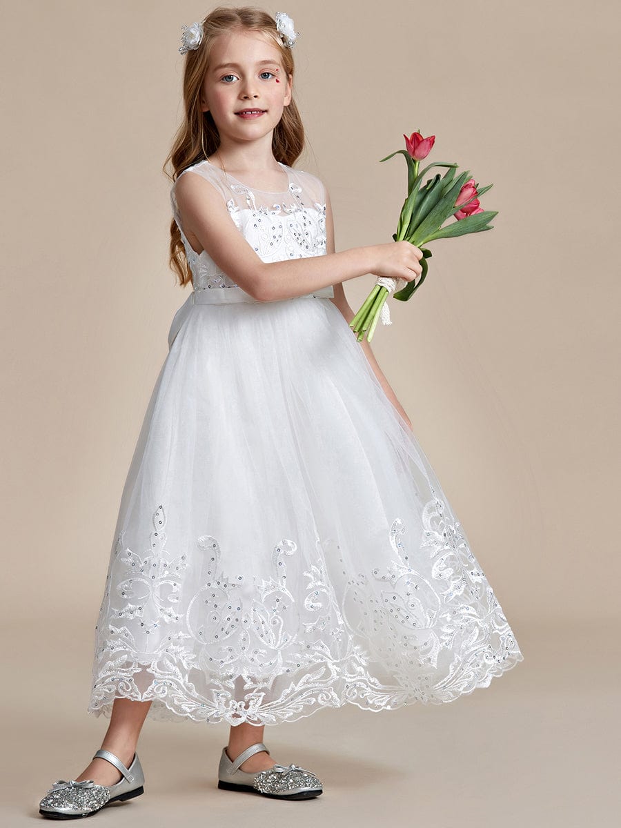 Gorgeous Applique Princess Dress for Flower Girl with Bowknot #color_White