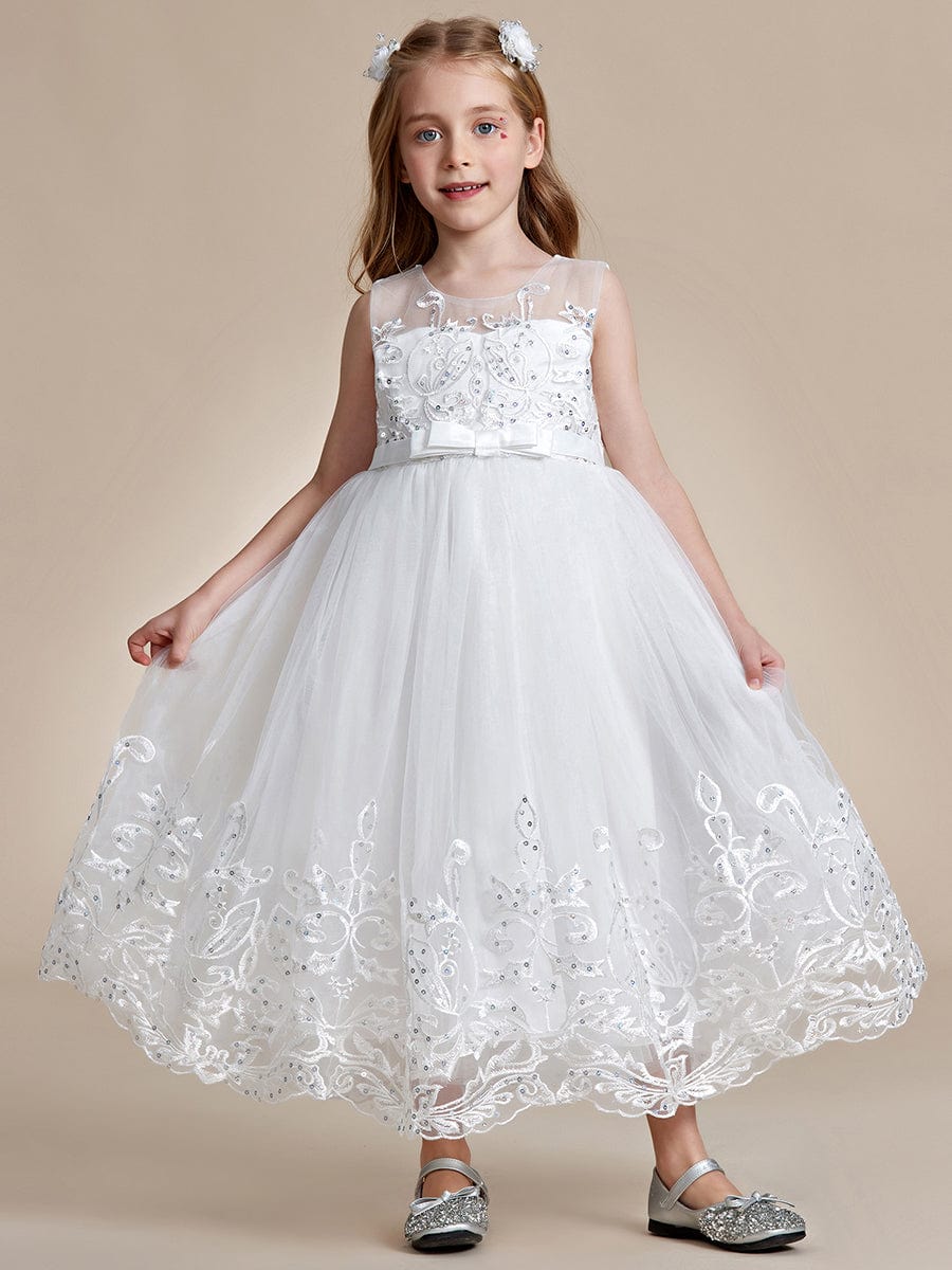 Gorgeous Applique Princess Dress for Flower Girl with Bowknot #color_White