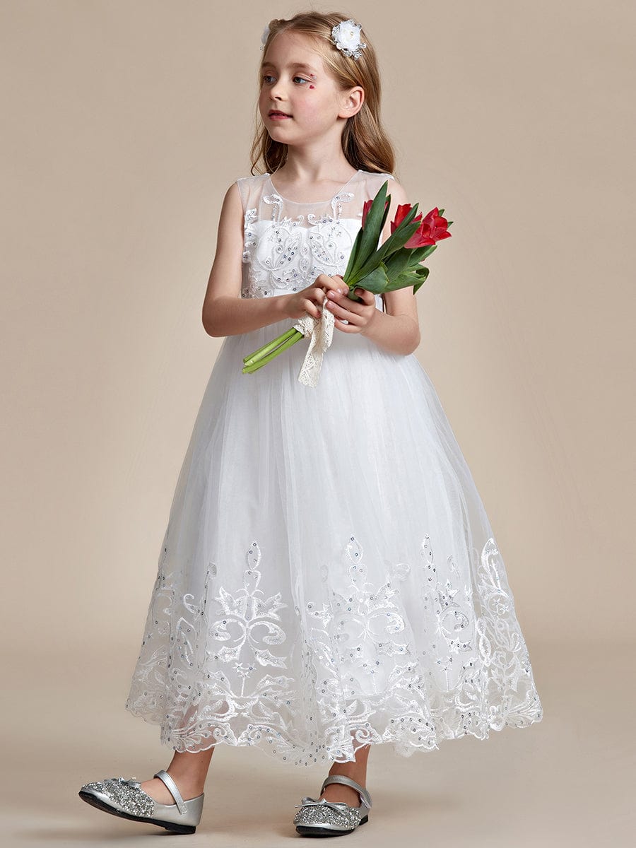 Gorgeous Applique Princess Dress for Flower Girl with Bowknot #color_White