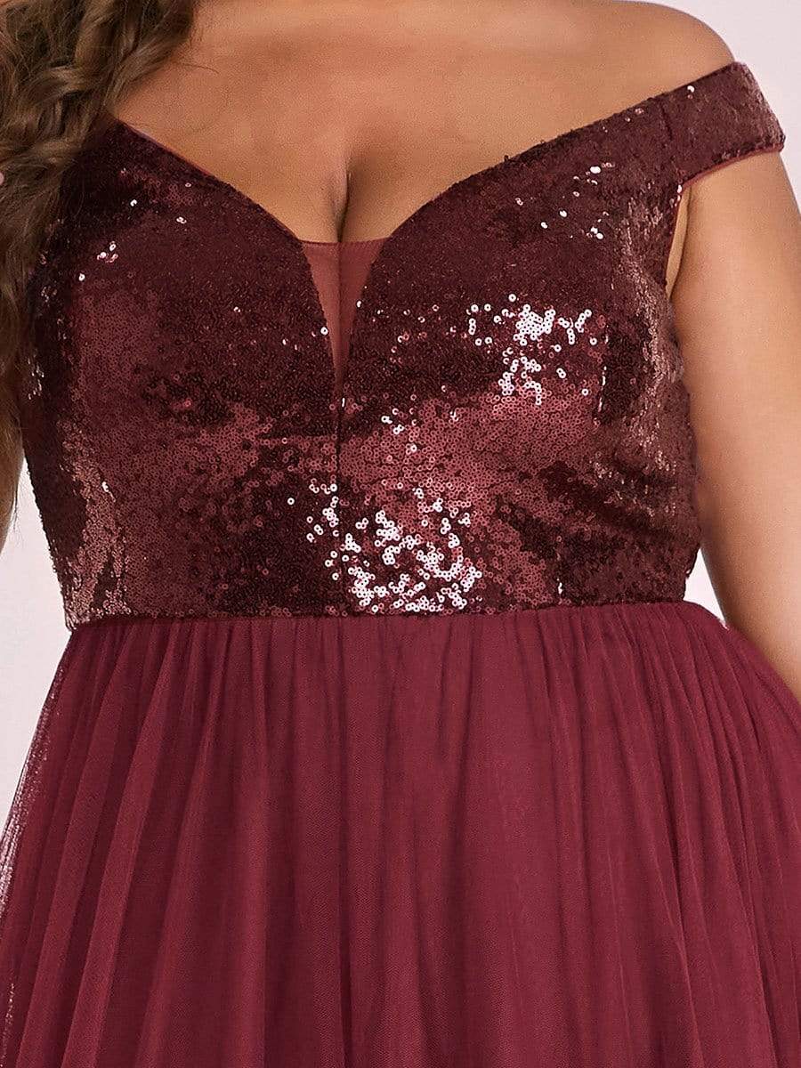 Shiny Sequin Bodice Off the Shoulder Maxi Tulle Evening Dress #color_Burgundy