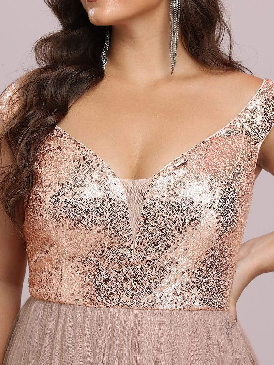 Shiny Sequin Bodice Off the Shoulder Maxi Tulle Evening Dress #color_Rose Gold 