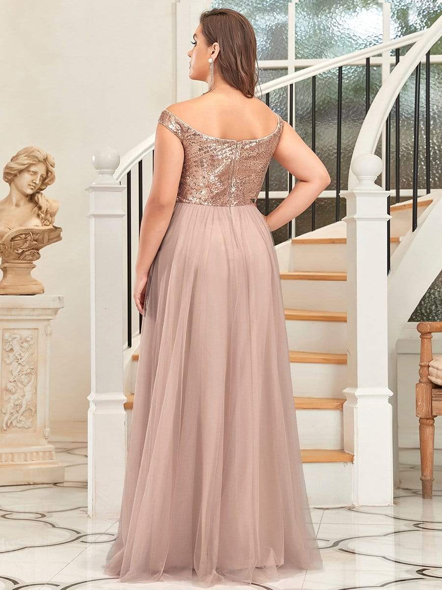 Shiny Sequin Bodice Off the Shoulder Maxi Tulle Evening Dress #color_Rose Gold 