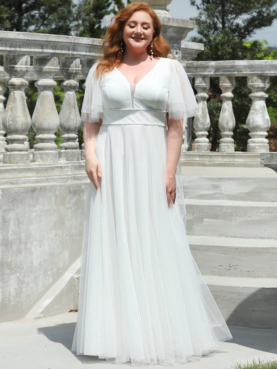 Plus Size Romantic V Neck Tulle Evening Dress with Ruffle Sleeves #color_Cream