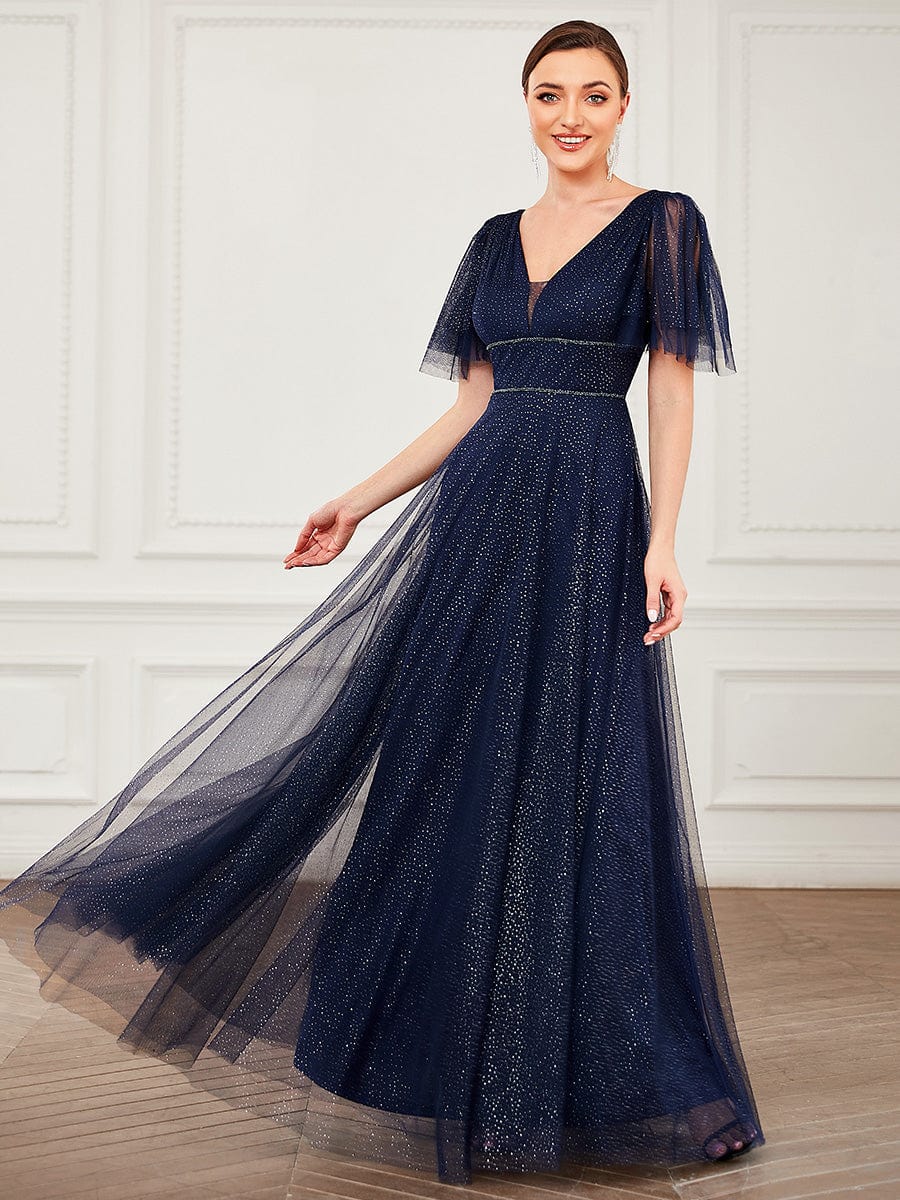 Romantic V Neck Tulle Evening Dress with Ruffle Sleeves #color_Navy Blue