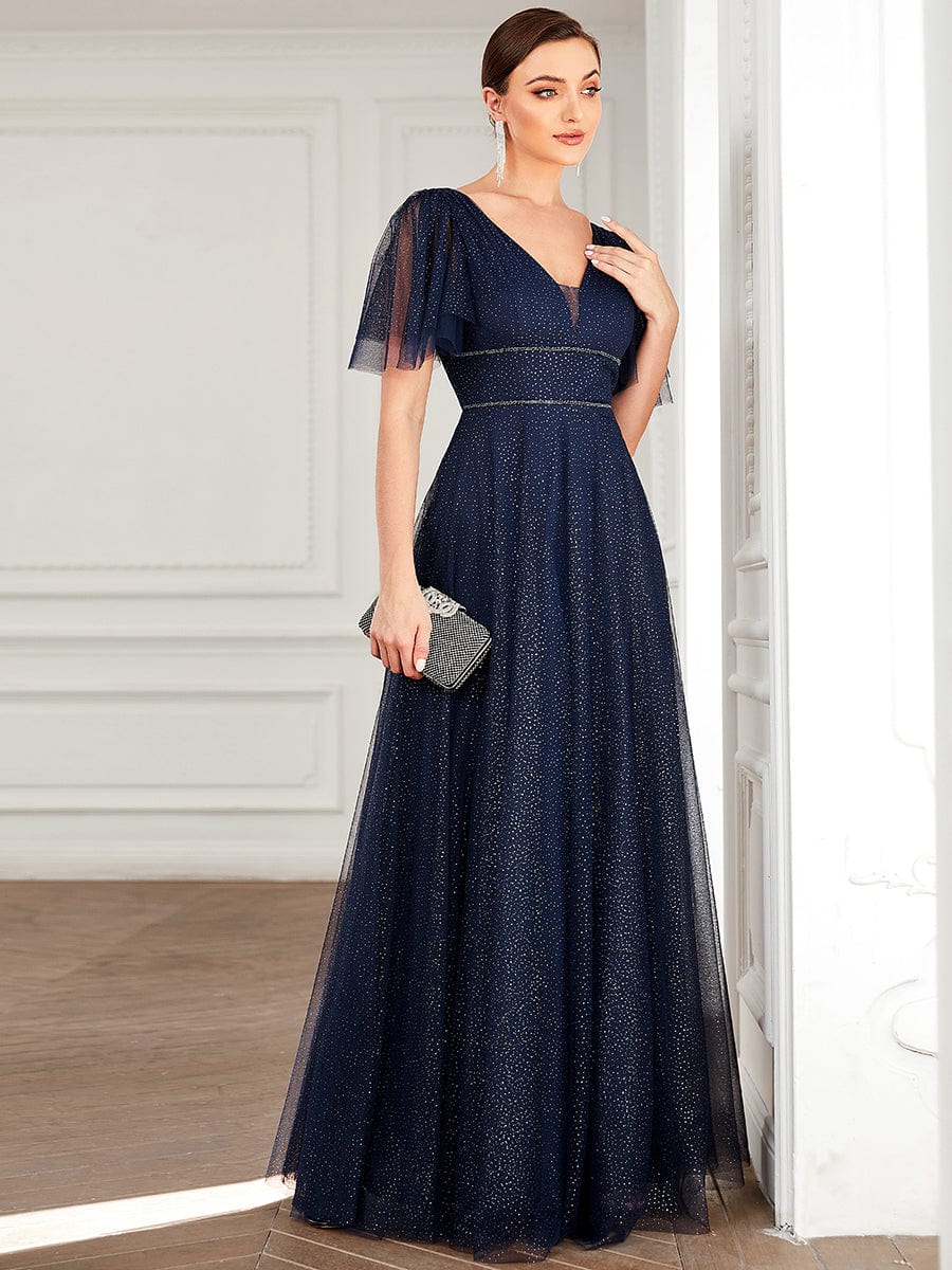 Romantic V Neck Tulle Evening Dress with Ruffle Sleeves #color_Navy Blue