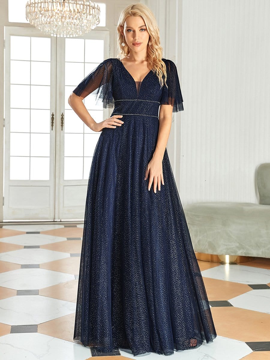 Maxi Deep V Neck Ruffle Sleeves Tulle Evening Dress - Ever-Pretty US