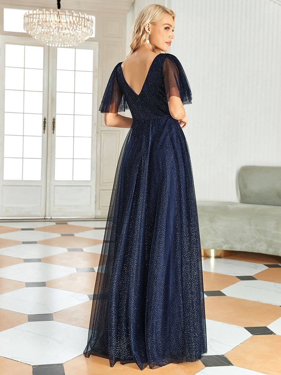 Romantic V Neck Tulle Evening Dress with Ruffle Sleeves #color_Navy Blue