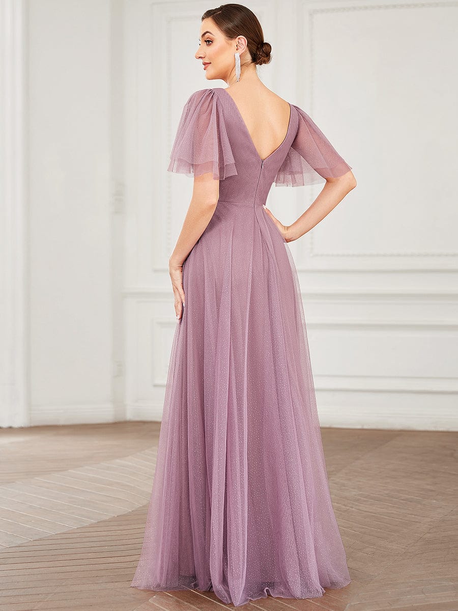 Romantic V Neck Tulle Evening Dress with Ruffle Sleeves #color_Purple Orchid