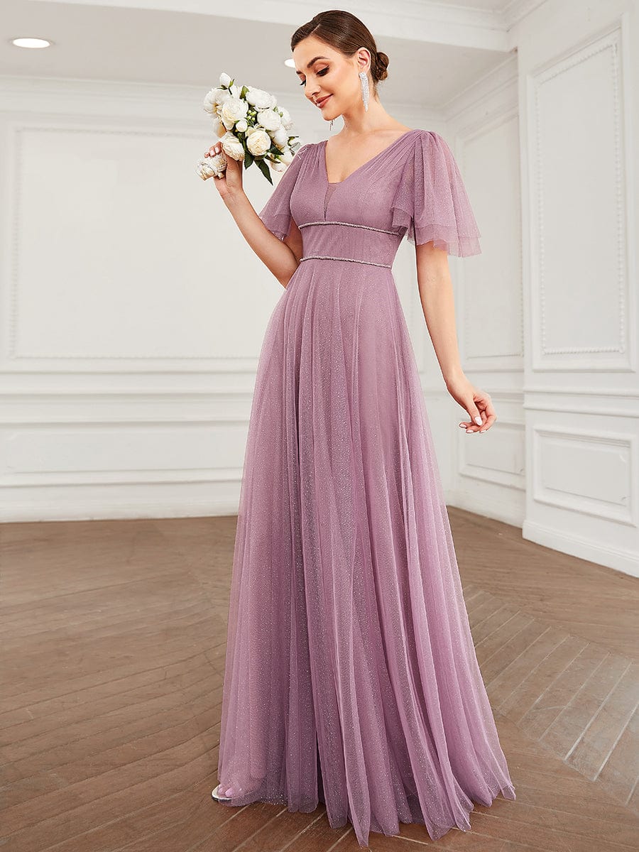 Romantic V Neck Tulle Evening Dress with Ruffle Sleeves #color_Purple Orchid