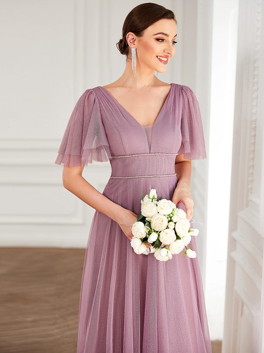 Romantic V Neck Tulle Evening Dress with Ruffle Sleeves #color_Purple Orchid