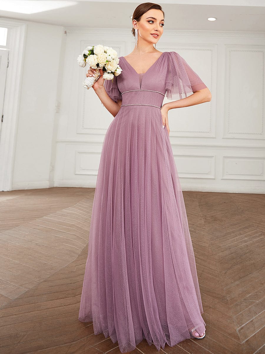 Romantic V Neck Tulle Evening Dress with Ruffle Sleeves #color_Purple Orchid