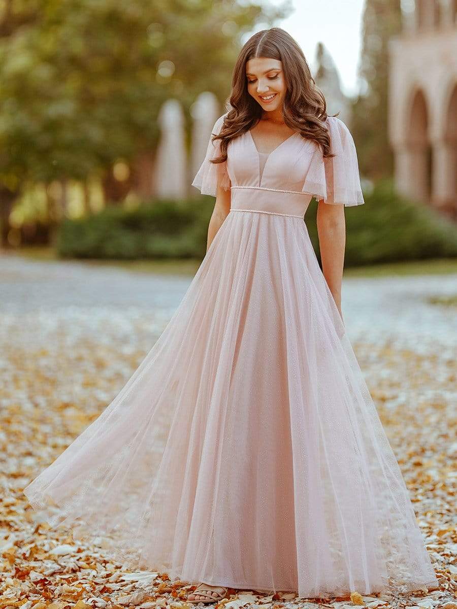 Romantic V Neck Tulle Evening Dress with Ruffle Sleeves #color_Pink