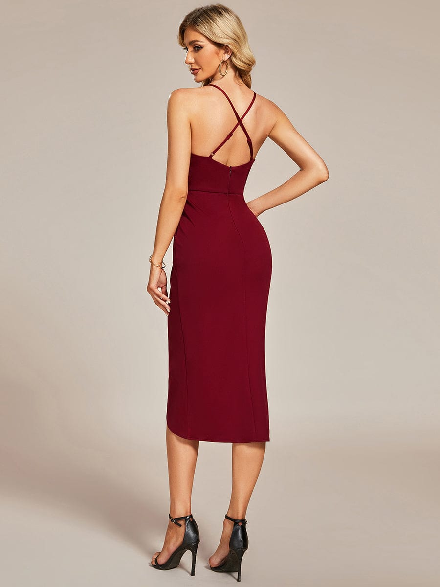 Elegant Pleated Tea Length High Stretch Backless Wedding Guest Dress #color_Burgundy